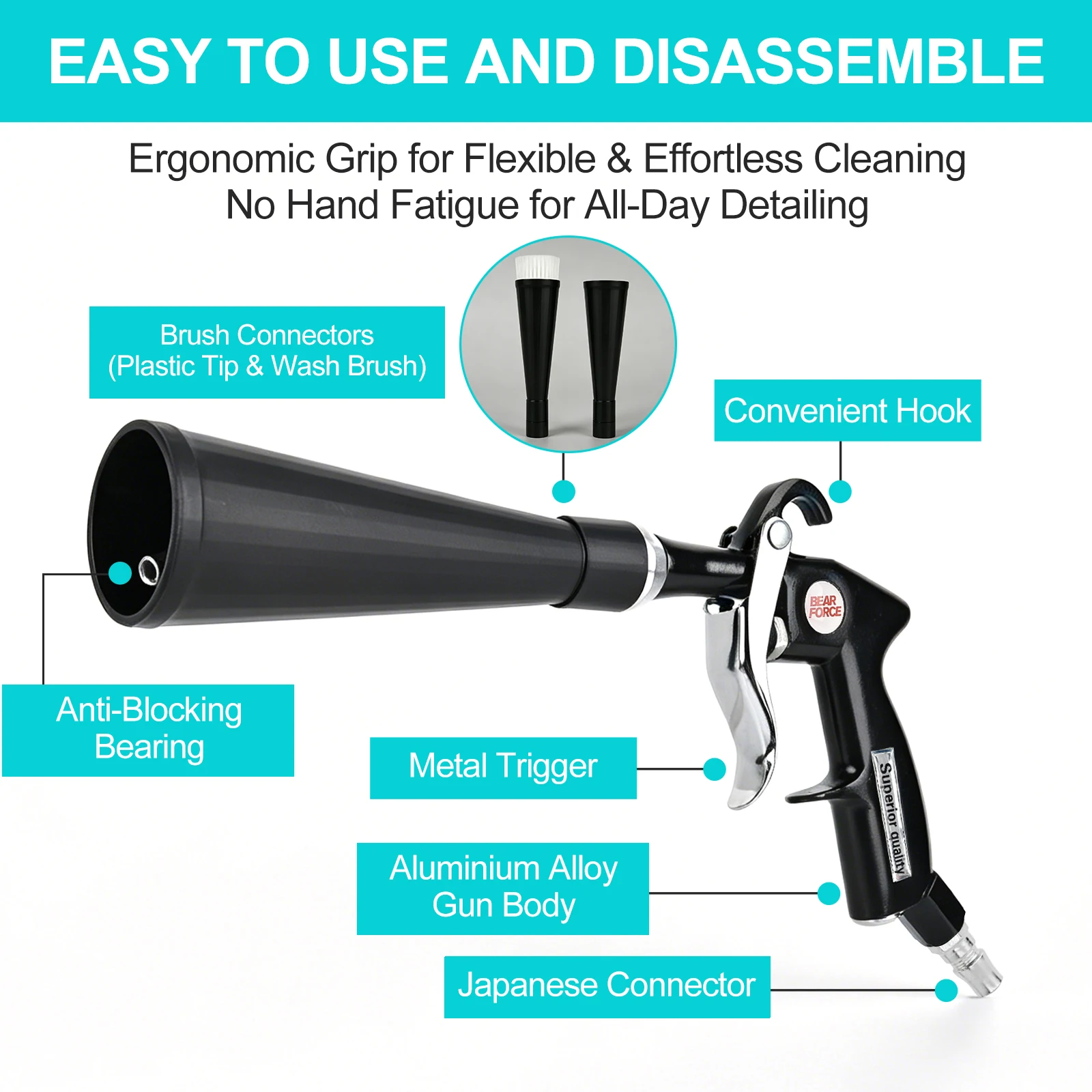 Pneumatic Air Cleaning Gun, 360° Rotating Tip, Quick Connect, 6-9.2 Bar Car Detailing Blow Gun with Brush Attachment