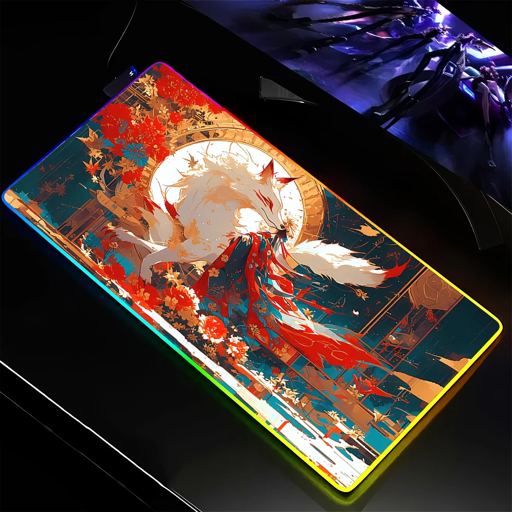 LED Mouse Pad Anime Fox RGB Mouse Mat Xxl Pc Computer Gamer Accessories Mousepad Keyboard Deskmat Waterproof Table Mats 90x40CM