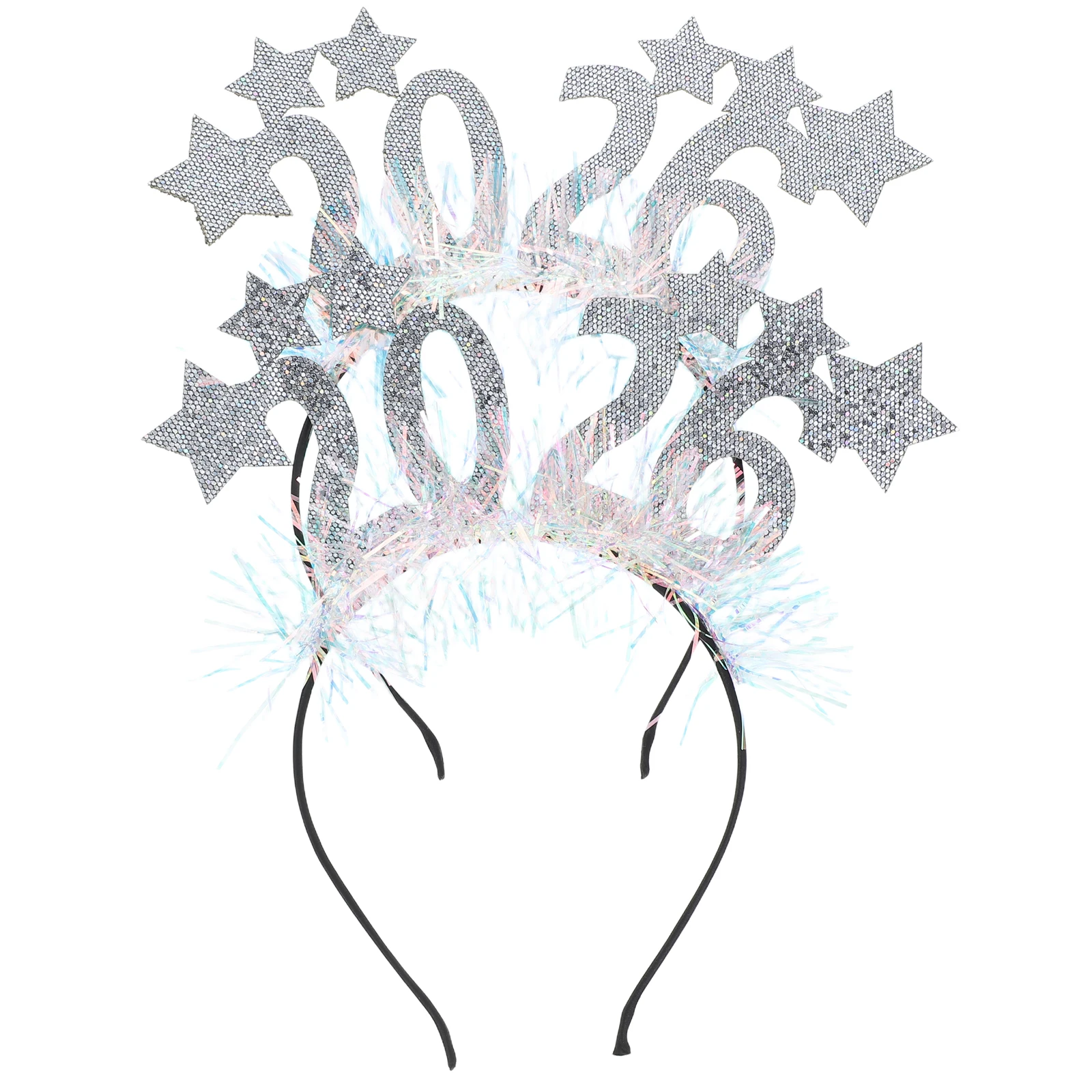 

2 Pcs 2026 Headband Headpiece Girl Happy New Year Headwear Glitter Hair Hoops Props Silver Festive