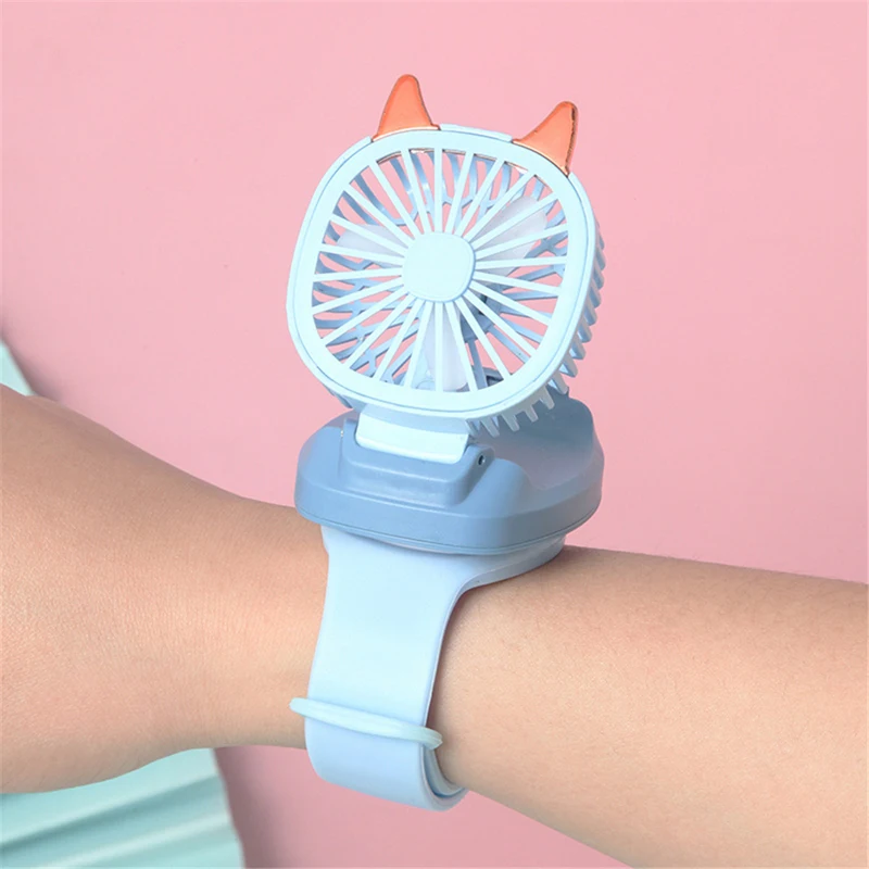 Cartton Cat Design Portable Wrist Strap Mini Watch Hand Held Fan USB Charging Small Rechargeable Fans With Colorful LED Lights