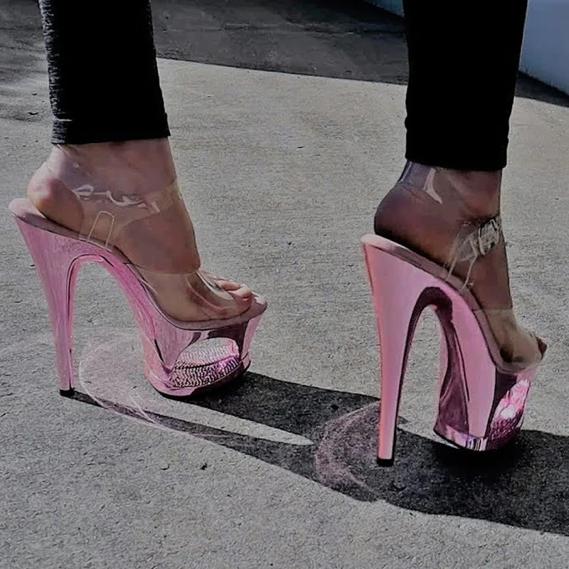 

Розовые босоножки на платформе с вырезами, прозрачными ремешками из ПВХ, застежкой на щиколотке, сексуальные, с открытым носком, на высоком каблуке, со стразами, для вечеринок