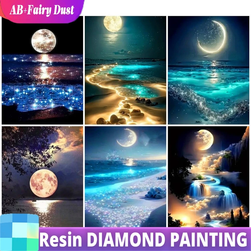 Pintura de diamante 5D de paisaje AB, polvo de hadas de resina, fantasía de mar, mosaico de diamantes redondos y cuadrados, Luna, cascada, decoración de dormitorio