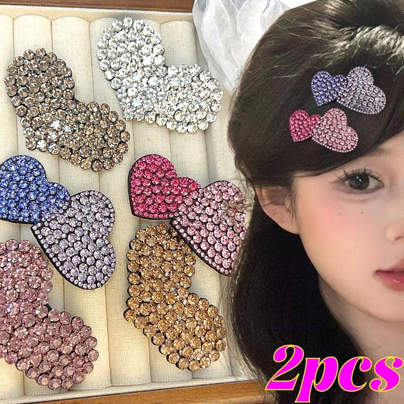 Korean Sweet Love BB Hairclips Pins Full Diamond Barrettes for Women Rhinestone Heart Headband Headwears Handmade Jewelry Gifts