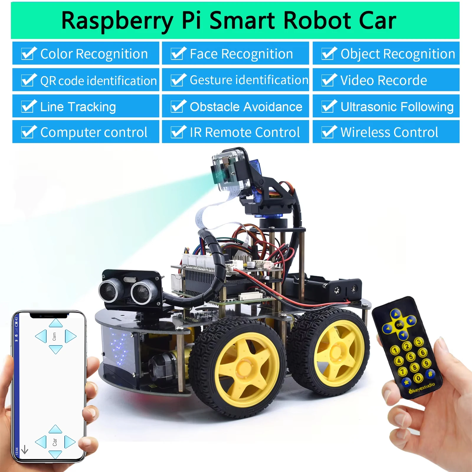 Keyestudio 4WD Smart Robot Car Kit For Raspberry Pi With Megapixels Camera Module and Programming Tutorials( No RPI 4B Board)