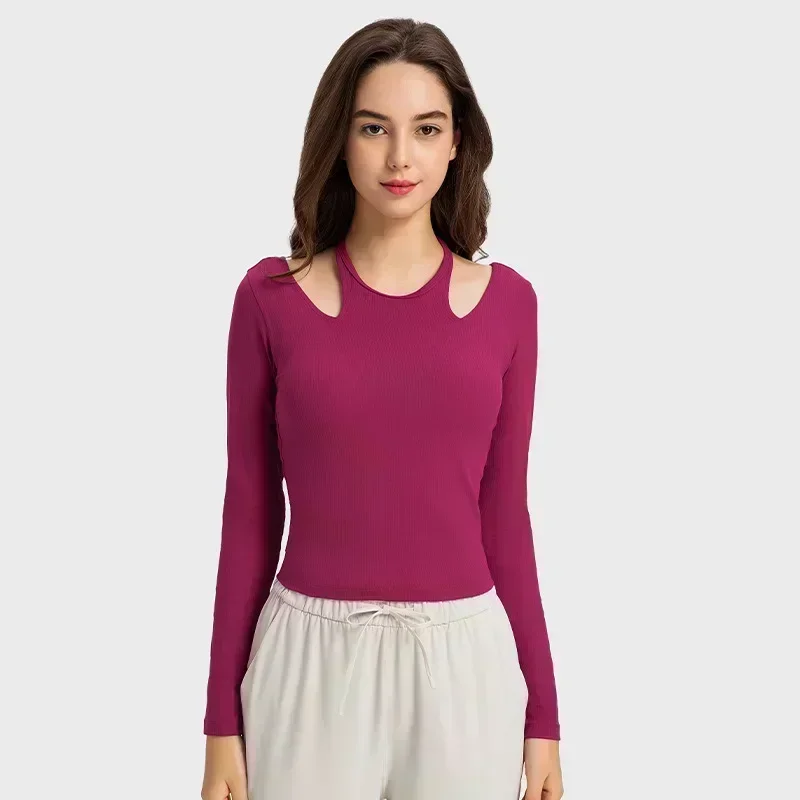 

Women Halter Neck Long Sleeve Yoga Shirt Ribbed Fabric Stretch Halter Neck U-shaped Back Fitness Sport T-shirt Fitness Top