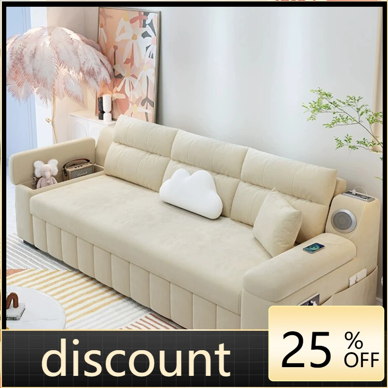 LH solid wood sofa bed small apartment living room multi-functional double simple telescopic folding