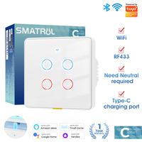 SMATRUL Tuya 2 Way WIFI RF433 Smart EU Light Touch Wall Switch 110-240v Display Backlight TypeC Timing Voice 2.D Tempered Glass