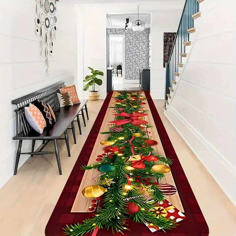 VIKAMA Christmas Runner Rug Pine Branch Bow Ornament Print Non Slip Washable Mat Hallway Entryway Winter Festive Decor