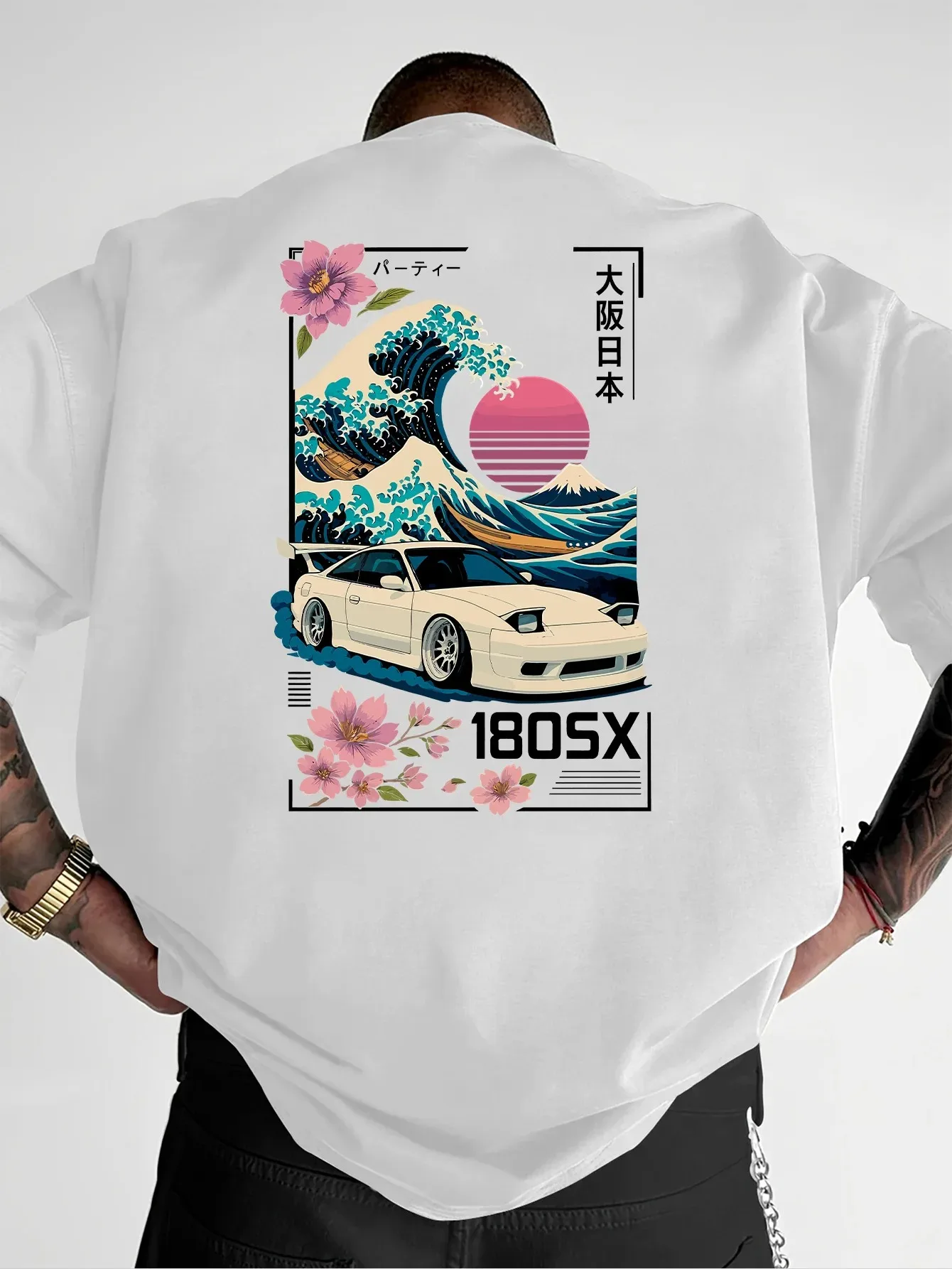 Camiseta masculina de manga curta japonesa Ukiyo-e JDM com estampa de tendência de cultura automotiva, roupa casual de rua versátil para diversas ocasiões