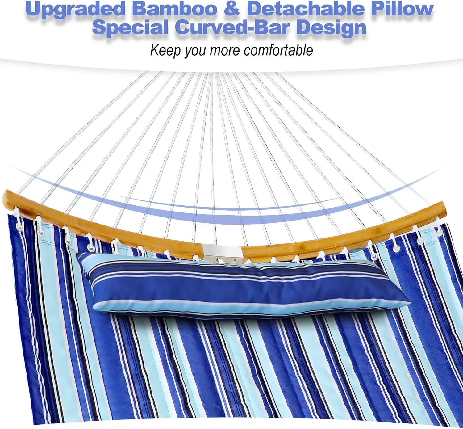 Double Hammock with Bamboo Wood Spreader Bars and Detachable Pillow, 2 Person 11 FT Portable Hammocks Bed Quilted Fabric Hammock