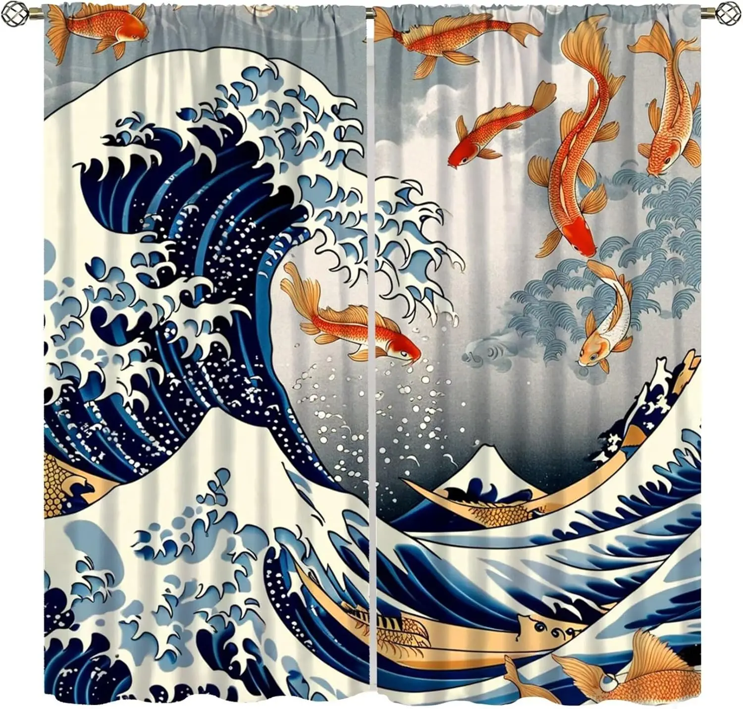 Japanese Anime Curtains,Asian Oriental Gold Koi Fish Japan Style Ocean Wave Nautical Ship Blackout Window Treatments