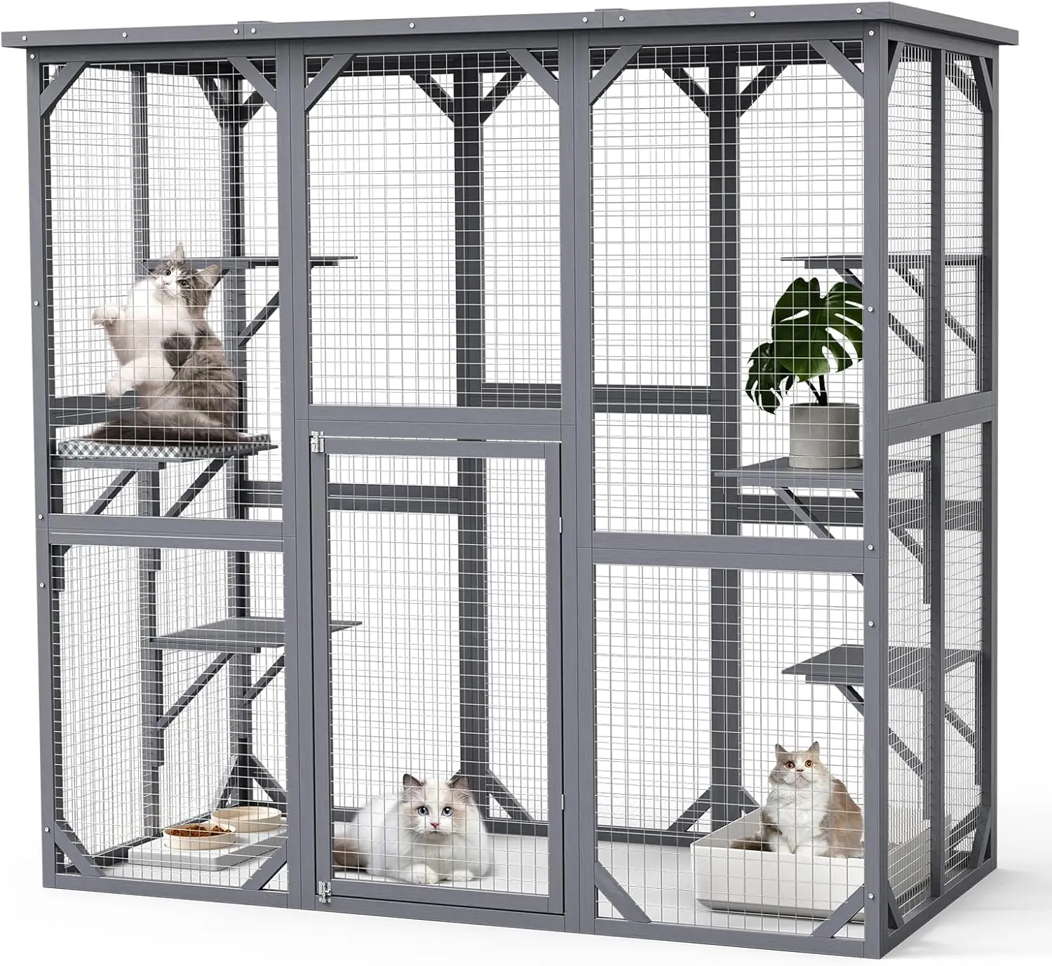 Catio Outdoor Cat Enclosure Large Cat House W/Platforms Sturdy Wooden Cat Cage Indoor For Multiple Cats Waterproof (Gray)