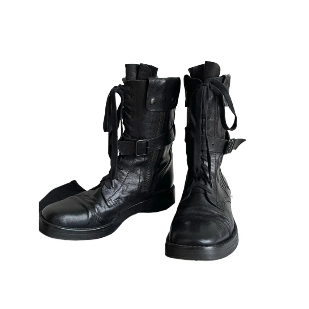 Women's Leather Motorcycle Boots Punk Retro Mid-Calf Western Cowboy Boots Black Soft Belt Buckle Strap High-top Moccasin Shoes view 3