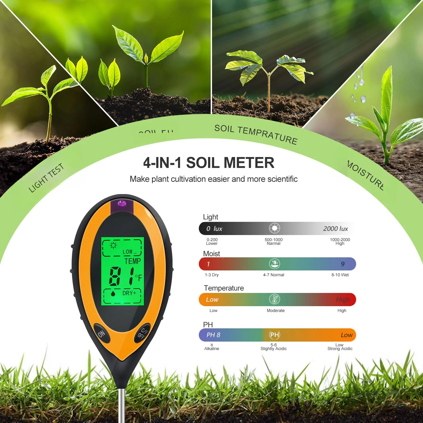 Imagem -04 - Testador de Solo para Medição de Plantas Intensidade Leve ph Temperatura e Umidade Medição de Jardim Usado Como Ferramenta em 1