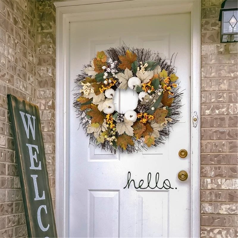 Autumn Harvest Wreath with Pumpkin for Thanksgiving, Artificial Flower Wreath for Front Door Farmhouses Inside Outside 15UB