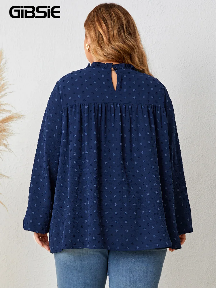 GIBSIE Plus Size Swiss Dot Keyhole Back Loose Shirt Blouses Women 2023 Autumn New Fashion Full Lantern Sleeve Tops Casual Wear