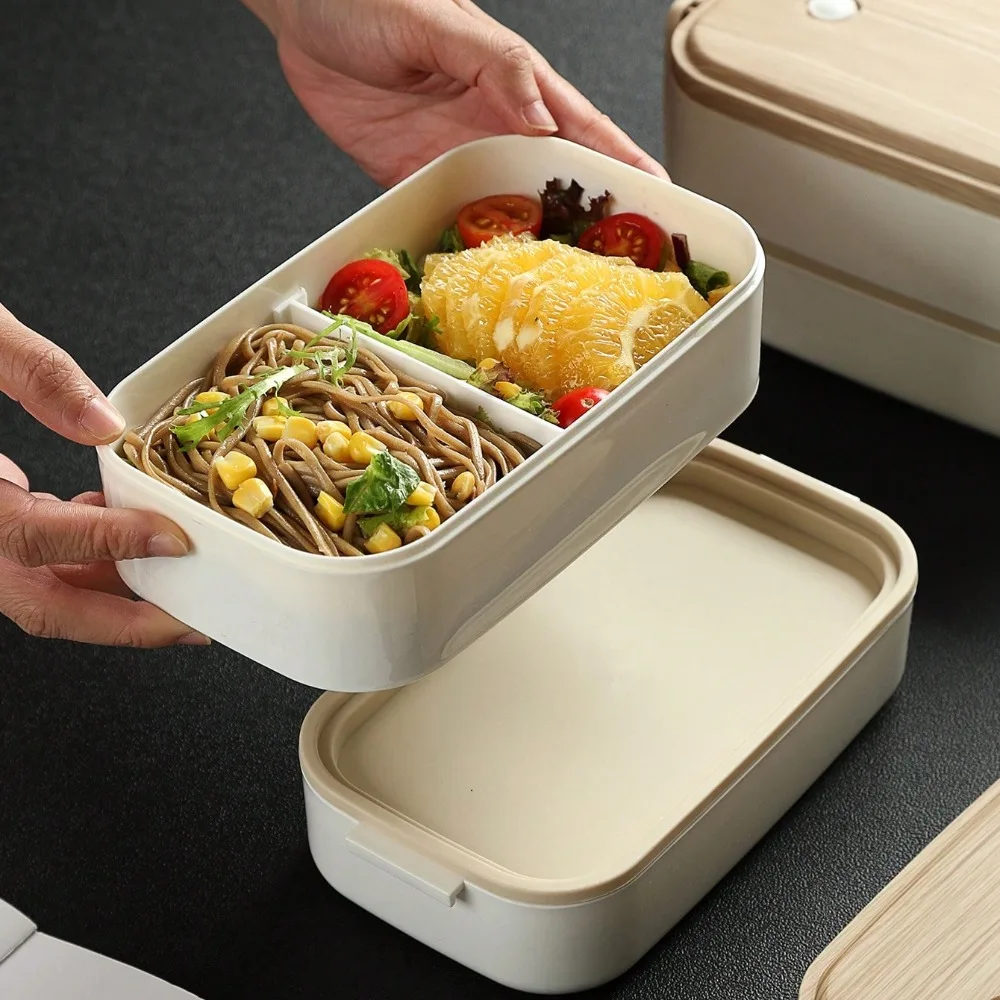 Portable Plastic Wooden-Print Double-Layer Lunch Box with Chopsticks Spoon Salad Lunch Box for Office School Picnic Camping Use