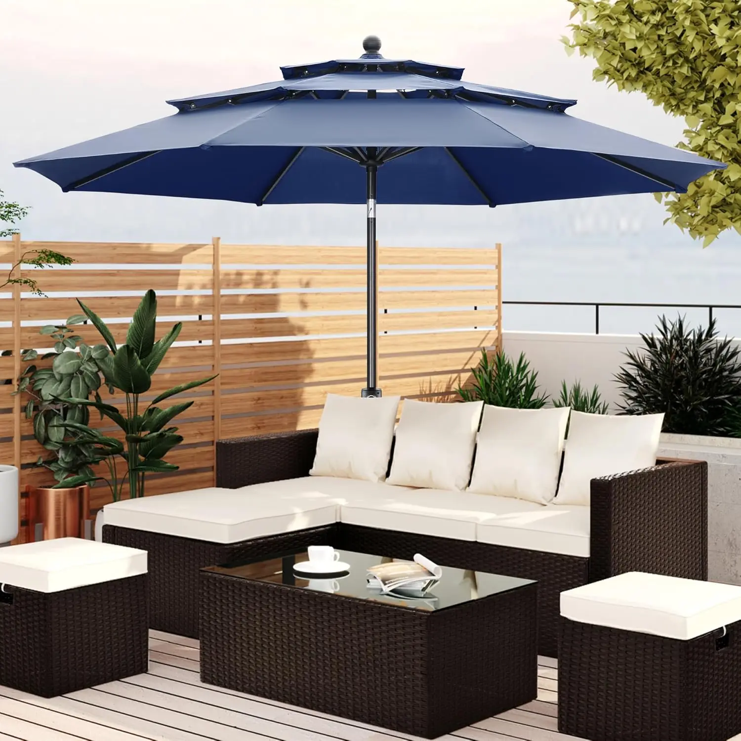 

PUPZO 10ft Patio Umbrella 3 Tiers Outdoor Table Market Tilt Adjustment and 8 Sturdy Ribs