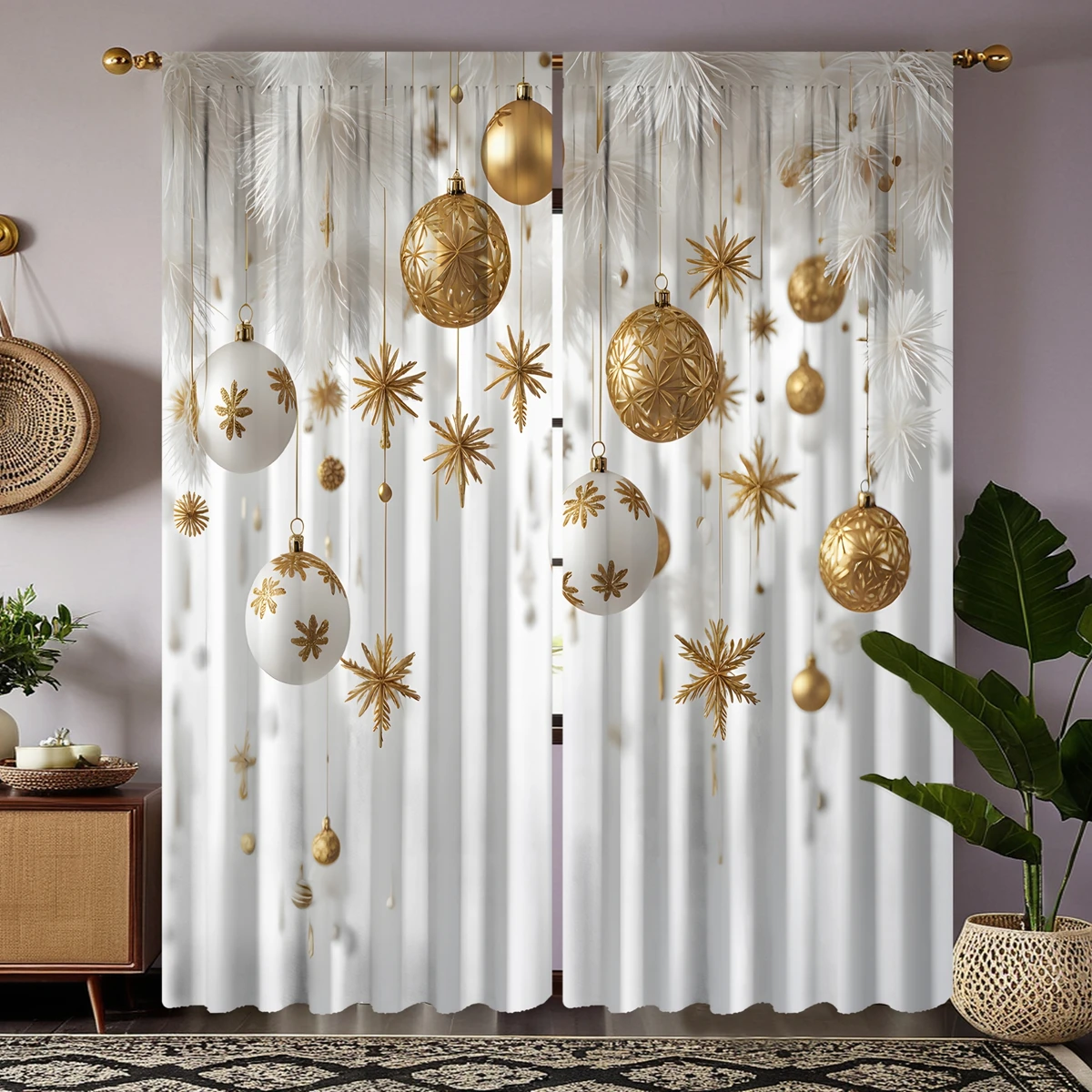 2-piece HD digital white tie feather balloon latte decorative curtain Home decoration style Decoration living room bedroom rod c