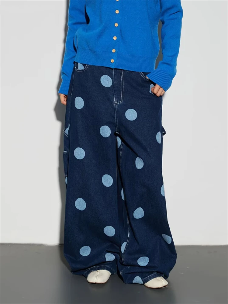 Women's Large Polka Dot Printed Blue Jeans Casual Pants Retro Bottoms High Waisted Women Sweatpants Female Wide Leg Trousers