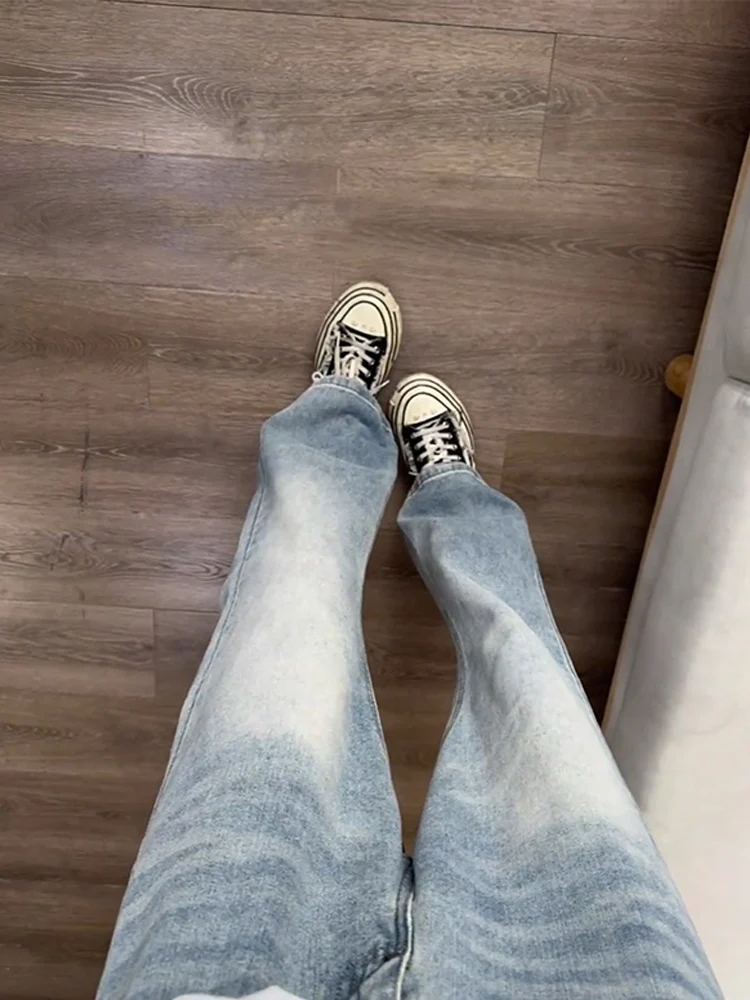 

Синие мужские джинсы в стиле ретро с американской талией High Street Vibe, прямые брюки, облегающие высокие мужские брюки, осенние повседневные хлопковые джинсы