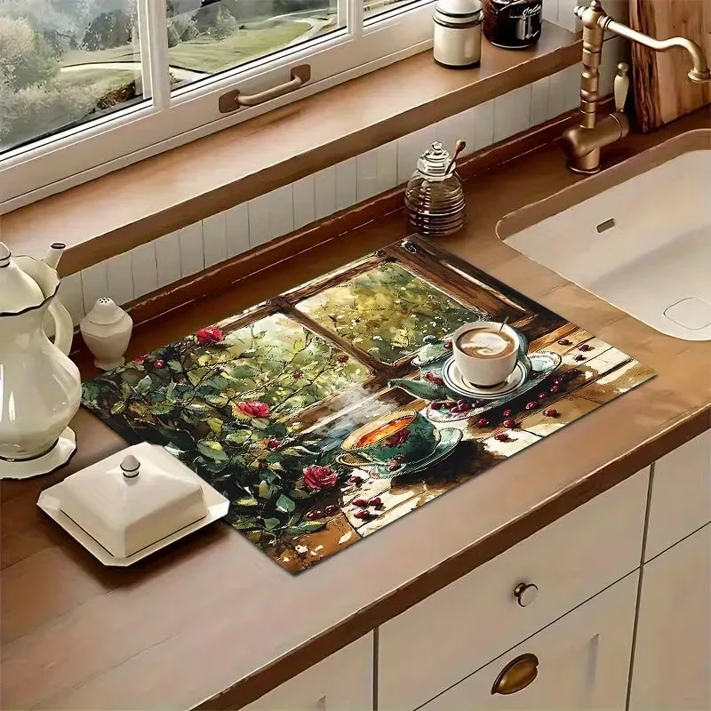 Vintage Oil Painting Cherry Daisy Dish Drying Mat Decor Kitchen Sink Countertop Pad Rustic Farmhouse Tableware Mat