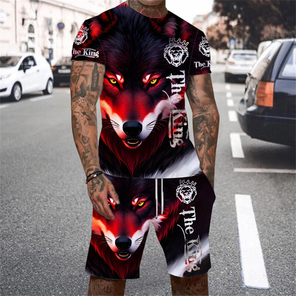 2025 Men's Short-sleeved T-shirt Suits Leading Lion Wolf 3D Printed Personality Men's Suit Casual Outdoor Sports Sets Clothing