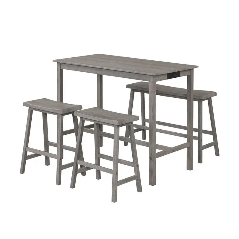 

4-Piece Counter Height Dining Table Set with Power Outlet Solid Rubber Wood Kitchen Table-Gray