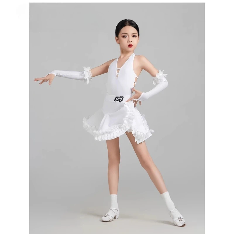 사용자 정의 4Pcs 여자 라틴 댄스 복장 여성의 흰색 연습 옷 간단한 성능 착용 카우보이 삼바 투우 룸바