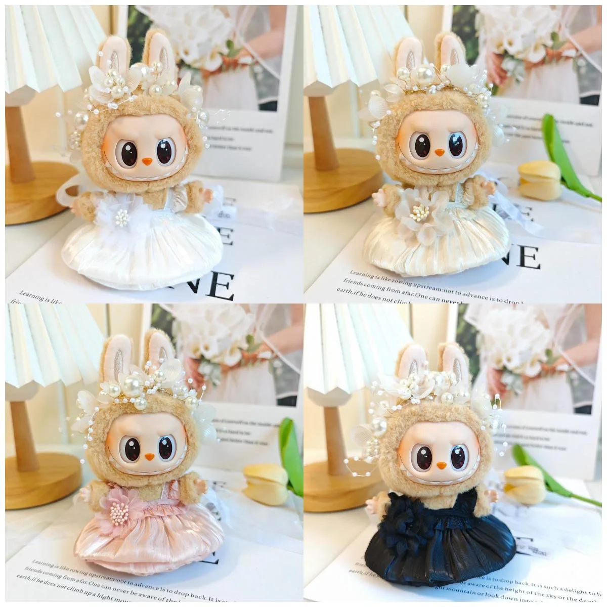 Mini vestiti per bambole in peluche Gonna a bocciolo con accessorio per capelli di perle per bambole idol Labubu I II Regali di abbigliamento fai da te