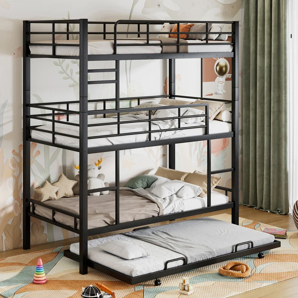 

Children Beds Metal Twin Size Triple Bunk Bed with Trundle, Black Bunk Beds for Kids Furniture Children's Montessori Beds US