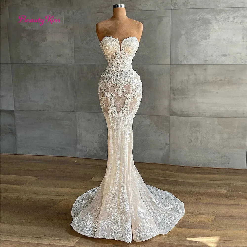 Sereia renda vestido de casamento cristais de luxo frisado vestido de noiva querida sem alças sem mangas apliques vestidos de casamento para noiva