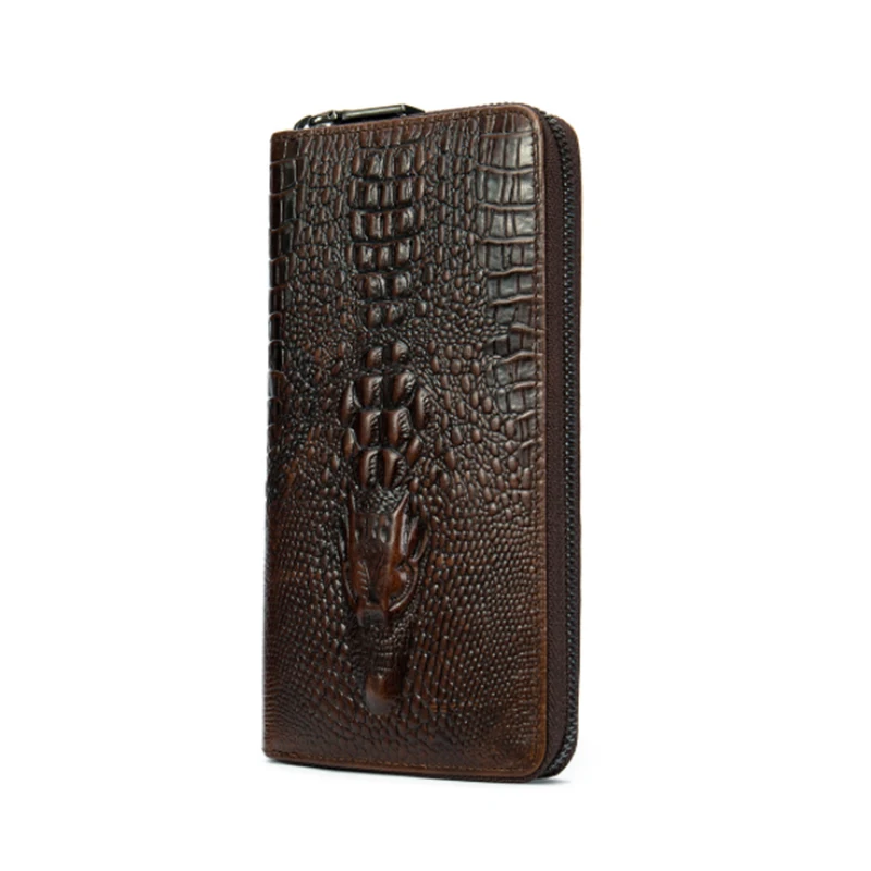 Fashion Embossed 3D Alligator Genuine Leather Long Wallet Men's Clutch Wallets with Zipper Handy Long Male Wallet Card Holder