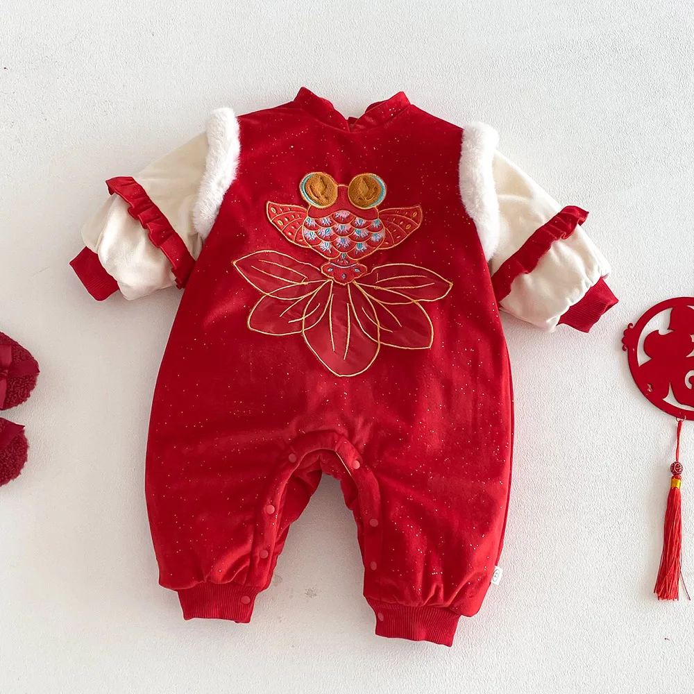 

Рождественский комбинезон для маленьких мальчиков, флисовый теплый зимний красный цвет, китайская новогодняя одежда, унисекс, комбинезон принцессы для маленьких девочек