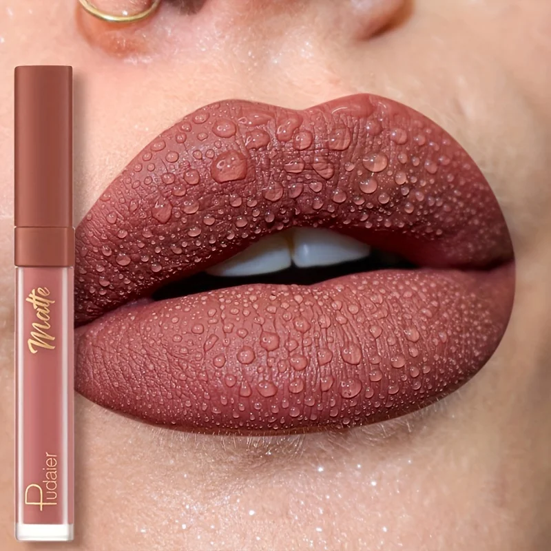 

Pudaier Velvet Lip Glaze Matte Finish Deep Brown with Golden Accents Long-Lasting Waterproof Smudgeproof Lightweight Lip Stain