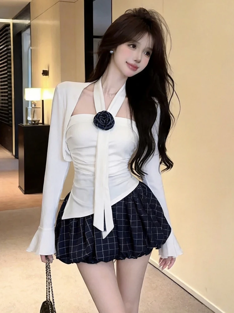 Trendy Anti-Aging Three-Piece Set Neck Hanging Irregular Slim Fit Vest Bell Sleeve Shirt Flower Bud Plaid  Skirt Ensemble