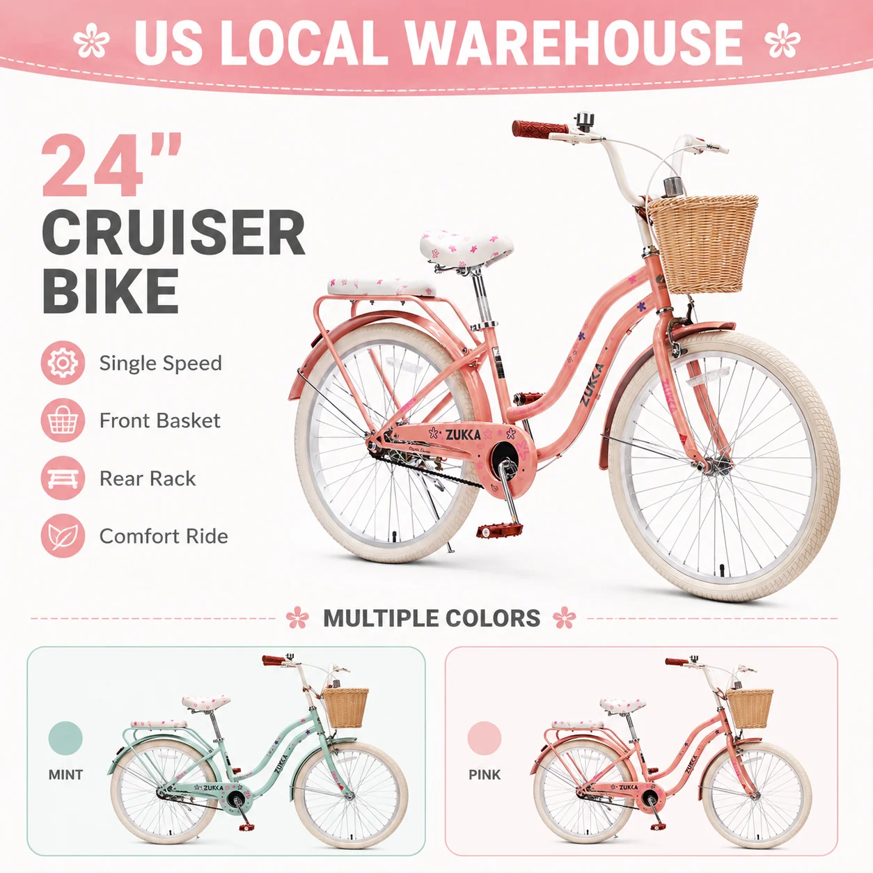 24 Inch Cruiser Bike for Girls, Single Speed Commuter Bicycle with Wicker Basket & Rear Rack, High Carbon Steel Frame Comfort City Bike with Front & Rear Brakes, Full Fenders, Classic Vintage Style Bicycle for Teen Girls Women Outdoor Riding Peach Pink