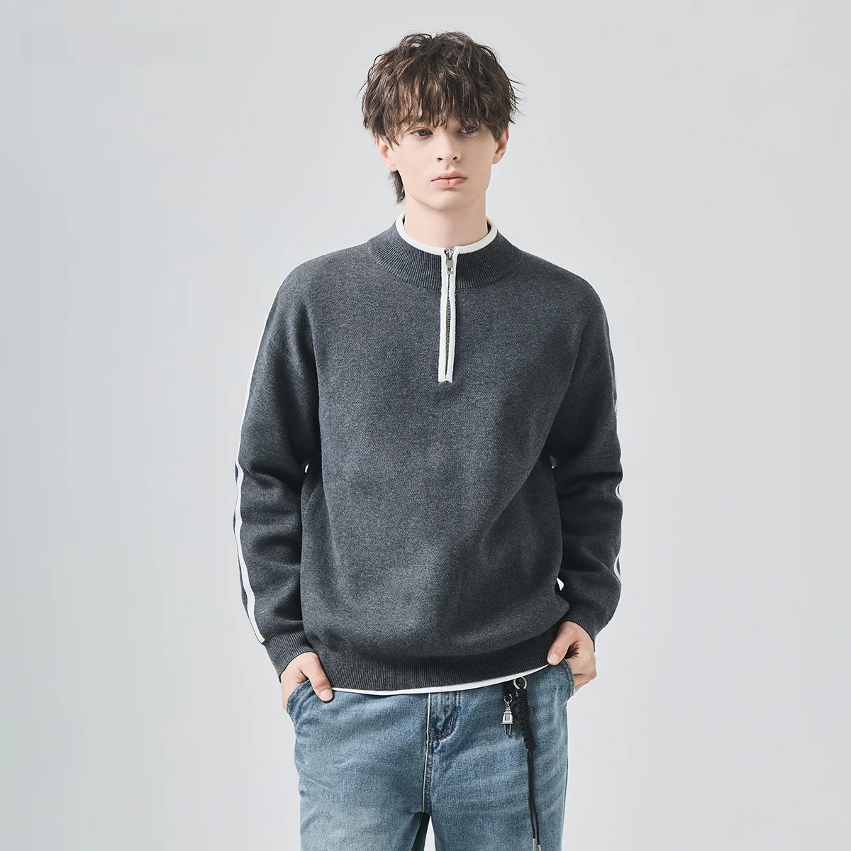 

Мужской свободный вязаный свитер на молнии с длинным рукавом, осенне-зимний, из шерстяной смеси, повседневный, с высоким воротником, тонкий, стандартный крой