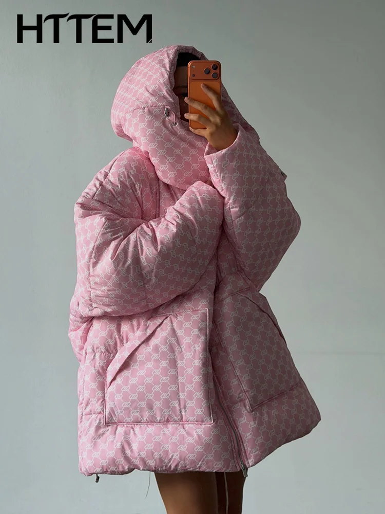 Warm Zipper Hooded Pockets For Women Cotton Jacket Casual Full Sleeve Stand Collar Loose Fashion 2026 Winter Print  Female Coat