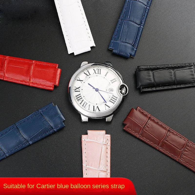 Deep blue Genuine Leather Watchband for Cartier Blue Balloon Convex mouth Belt Women\'s Strap 14 16 18 20mm Watch Accessories