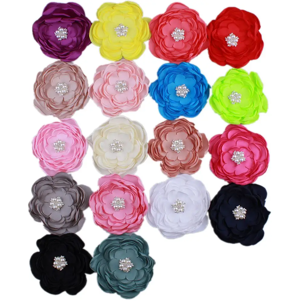 

20PCS 9.2CM New Satin Fabric Burned Flowers With Rhinestone Pearl For Hair Accessories Chiffon Flower For Headbands Clothes