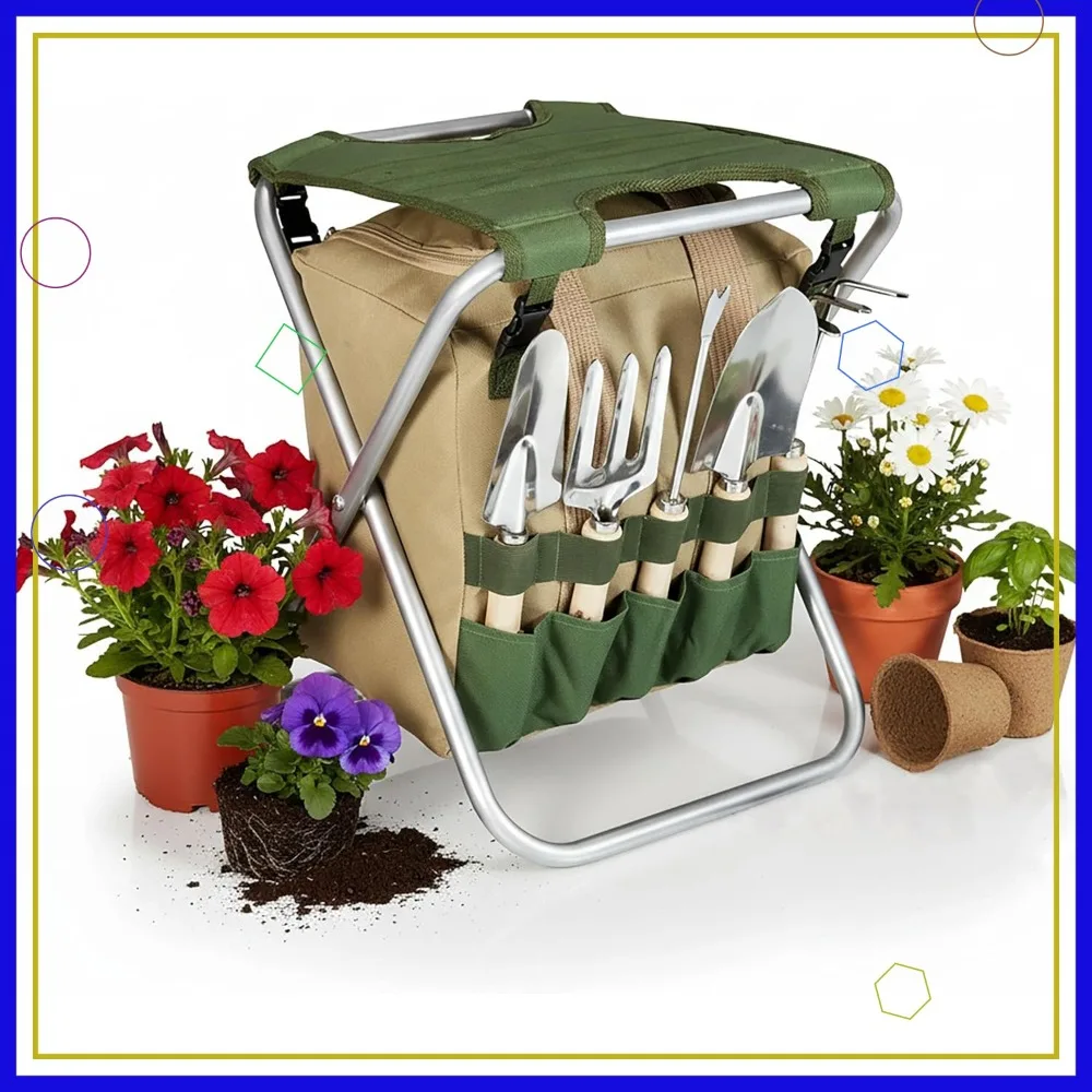 

Folding Garden Kneeler and Seat, Portable Stool with Detachable Tote for Weeding & Yard Work (Olive Green/Beige)