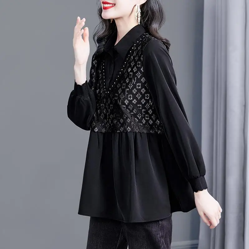 Fashion Lapel Beading Lace Loose Folds Letter Blouse Women\'s Clothing 2023 Autumn Winter New Oversized Casual Tops Korean Shirt