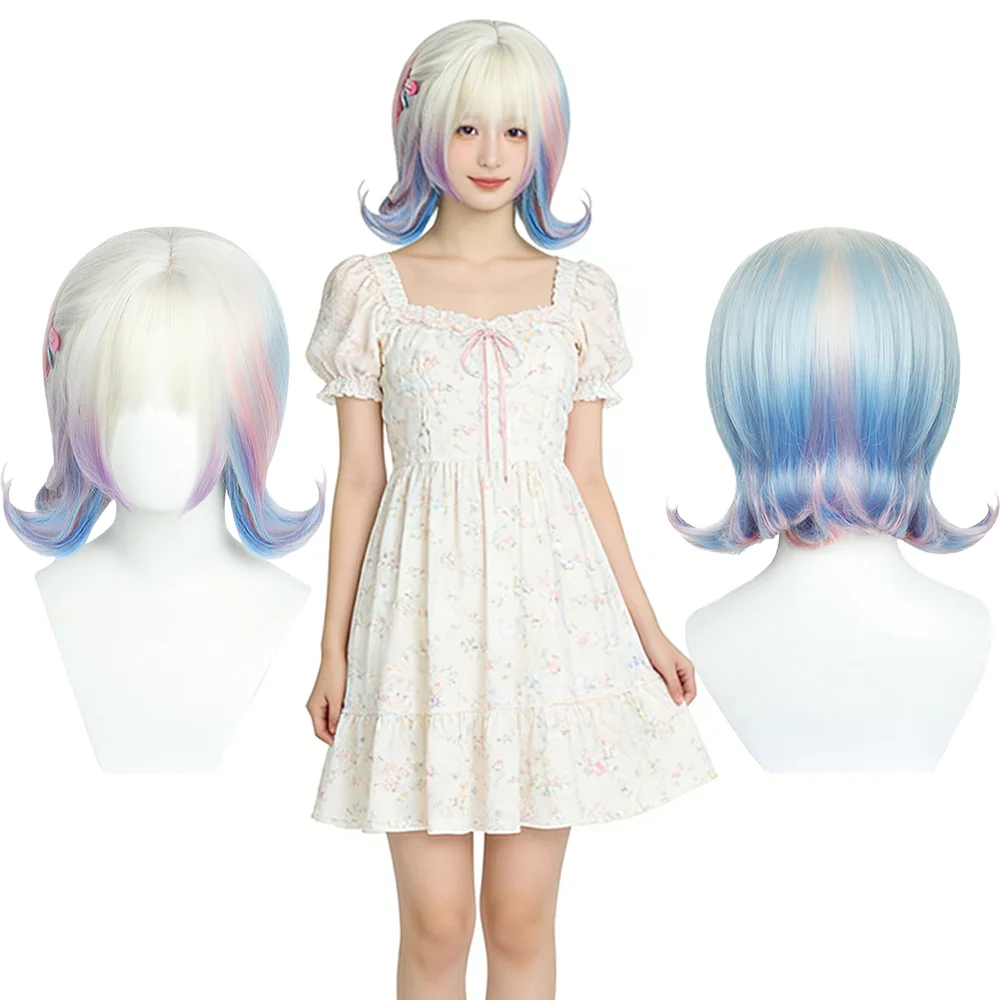 

Короткий волнистый парик Sweet Lolita с воздушной челкой, кремово-белый, розово-синий омбре, термостойкий, из синтетических волос, для женщин, для повседневного использования и вечеринок