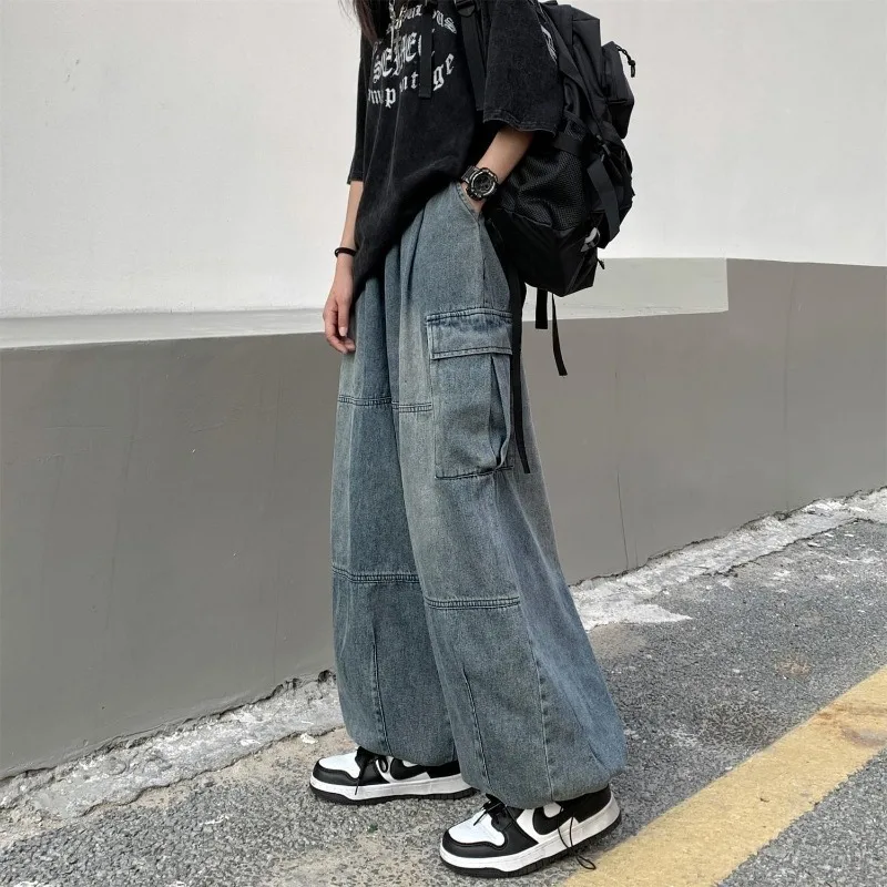 2023 Spring Autumn Trousers Y2k Baggy Jeans for Women's Wide Leg Pants Pockets Elastic Waist Streetwear Loose Comfortable Pants