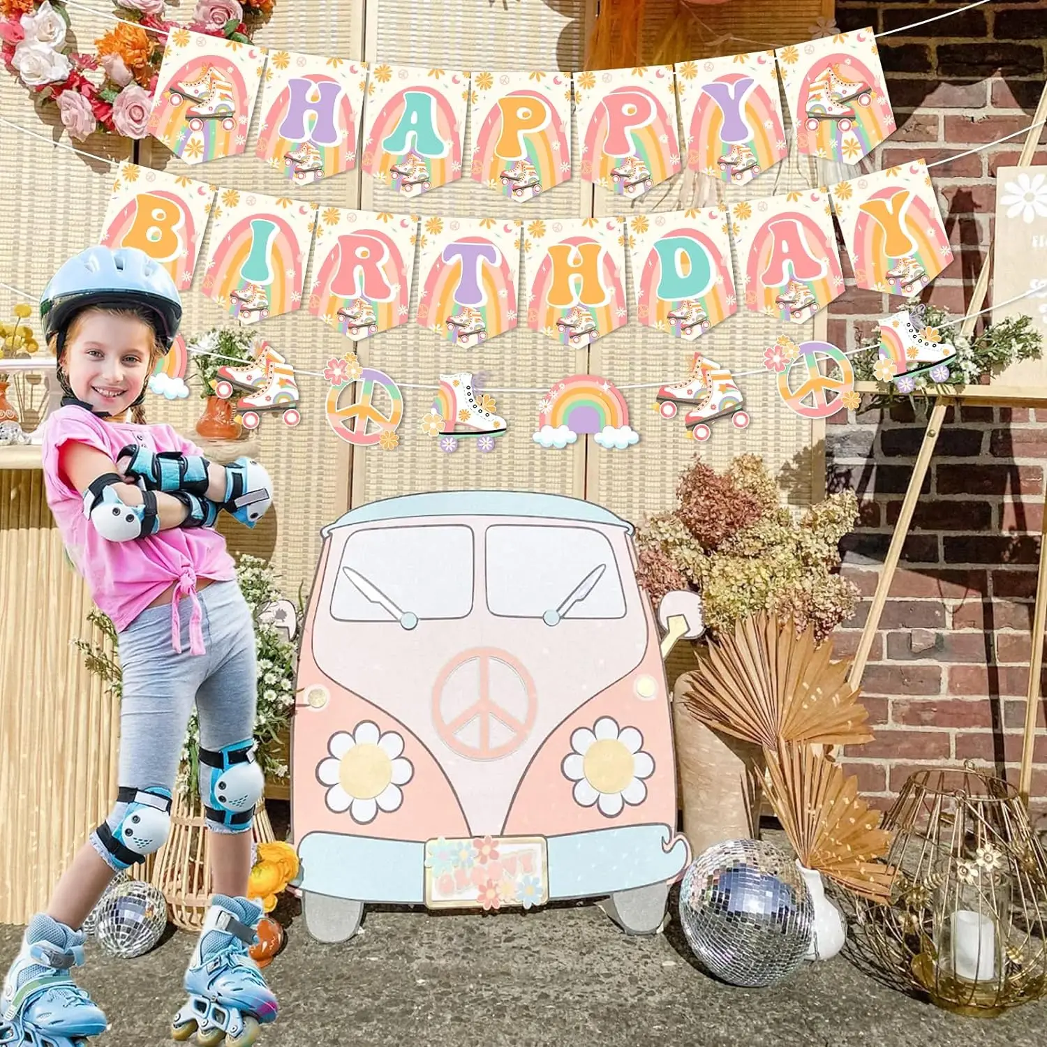 Roller Skating Birthday Decor Groovy Happy Birthday Banner Garland Hippie Rainbow Garland for Skating Sports Let's Roll Birthday