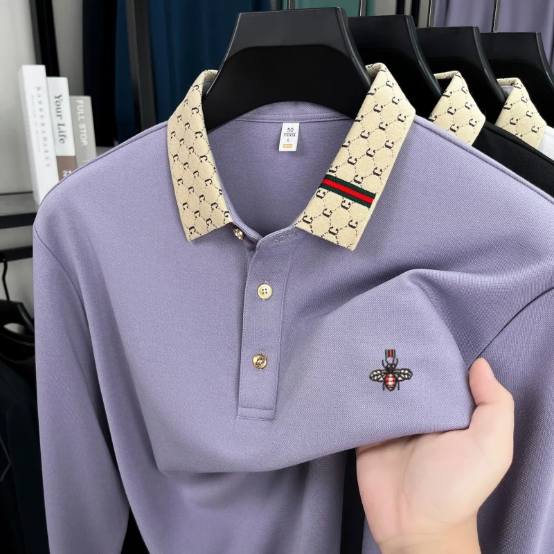 

Light luxury brand men's long sleeved polo shirt autumn fashion bee embroidery design top original boutique golf casual T-shirt