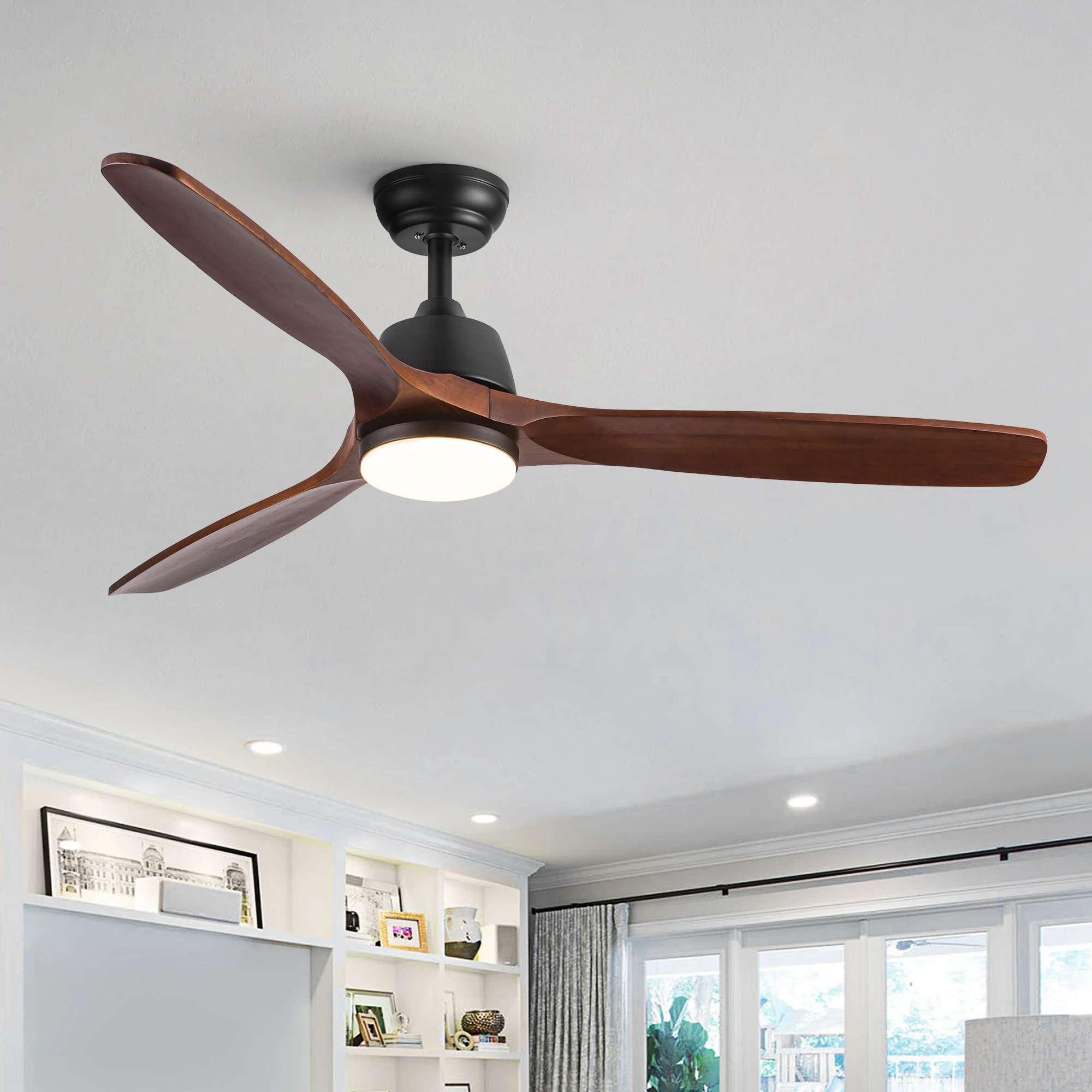 Integrado LED Teto Ventilador, Iluminação com Solid Wood Blade, 52 in