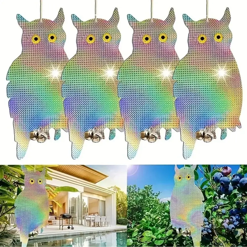 Dispositivo per spaventare uccelli finti in plastica impermeabile con gufo spaventapasseri laser a doppia faccia con campanelli Repellente per uccelli Decorazione per balcone
