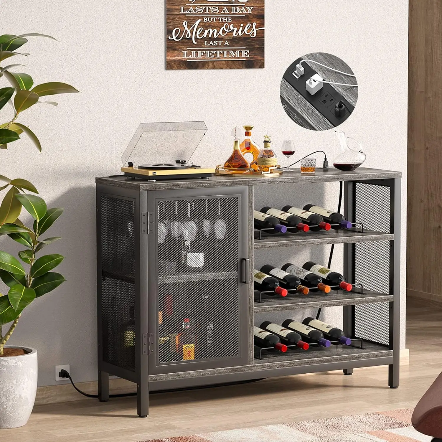 

Homieasy Wine Bar Cabinet with Power Outlets,Industrial Bar Cabinets for Liquor and Glasses,Farmhouse Mini Coffee Liquor Cabinet